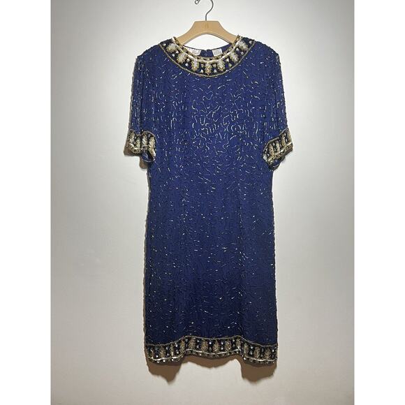 VTG Laurence Kazar EUC Blue Silk Beaded Sequin Evening Foral Dress L STUNNING - Picture 1 of 6
